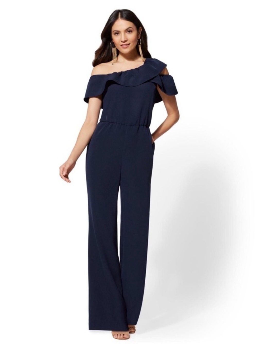 New York & Company Navy Off-Shoulder Ruffle Wide-Leg Jumpsuit